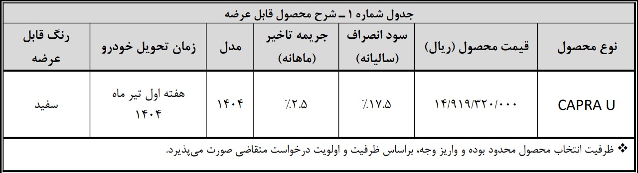 شرایط فروش وانت کاپرا u بهمن موتور