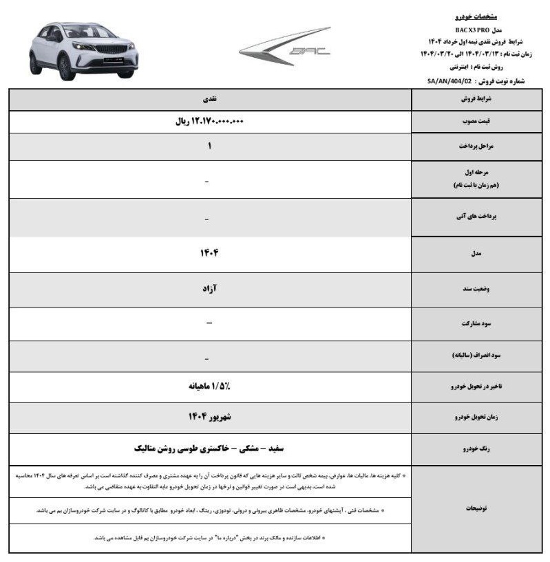 شرایط فروش BAC X3 PRO